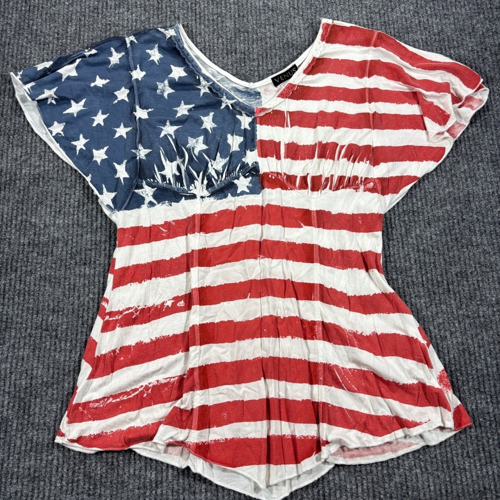 Venus American Flag Top Women Size L Red White Blue Stars Stripes Flutter Sleeve - Picture 2 of 7